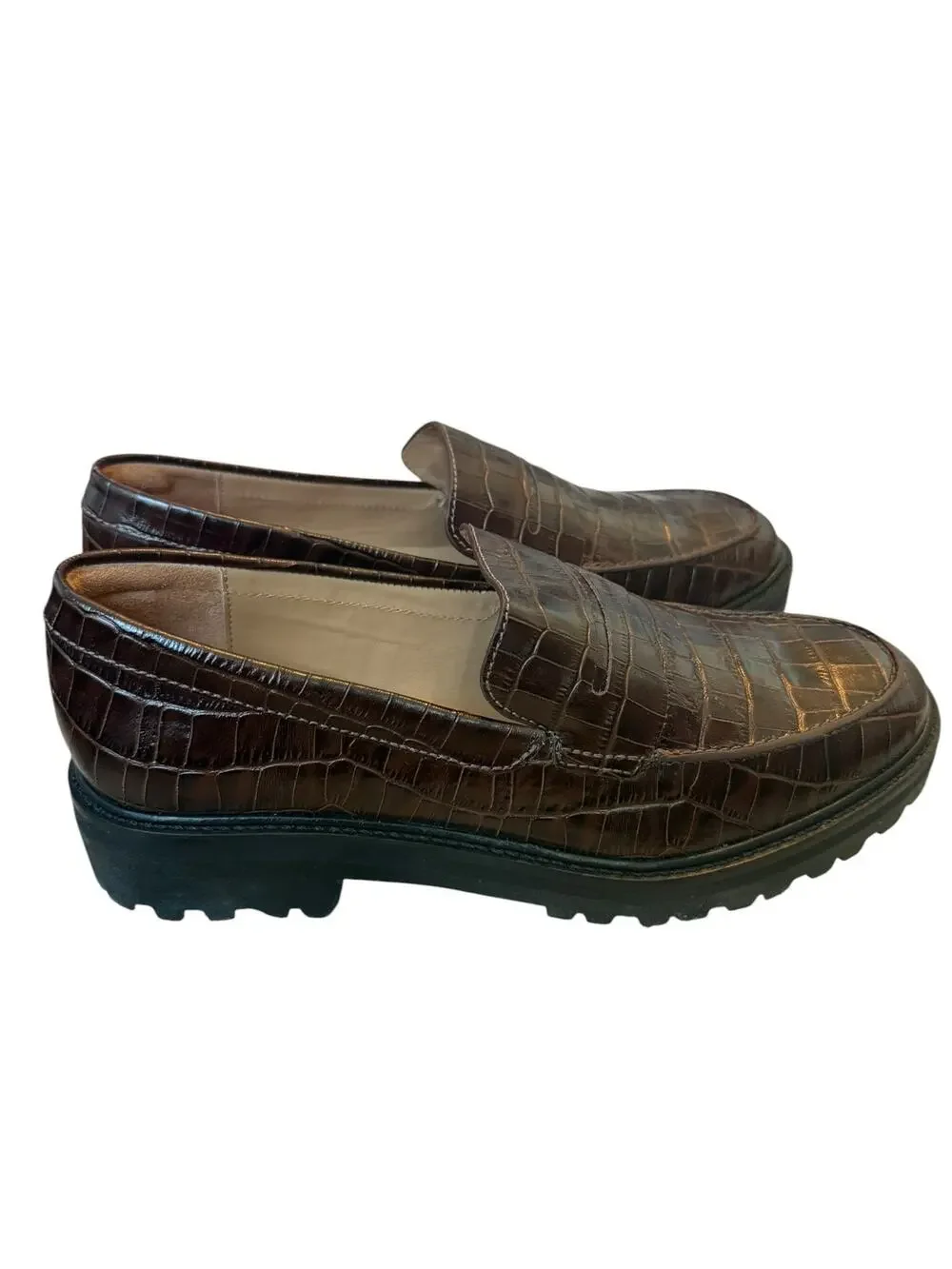 Everlane Loafers Women 10.5 Croc Embossed Chunky Shoes Brown Lug Sole Preppy